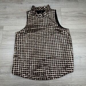 J.Crew Womens Gold Black Metallic Gingham Mock Neck Ruffle Sleeveless Top Medium